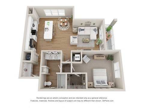 this is a 3d floor plan of a 554 square foot 1 bedroom apartment at the